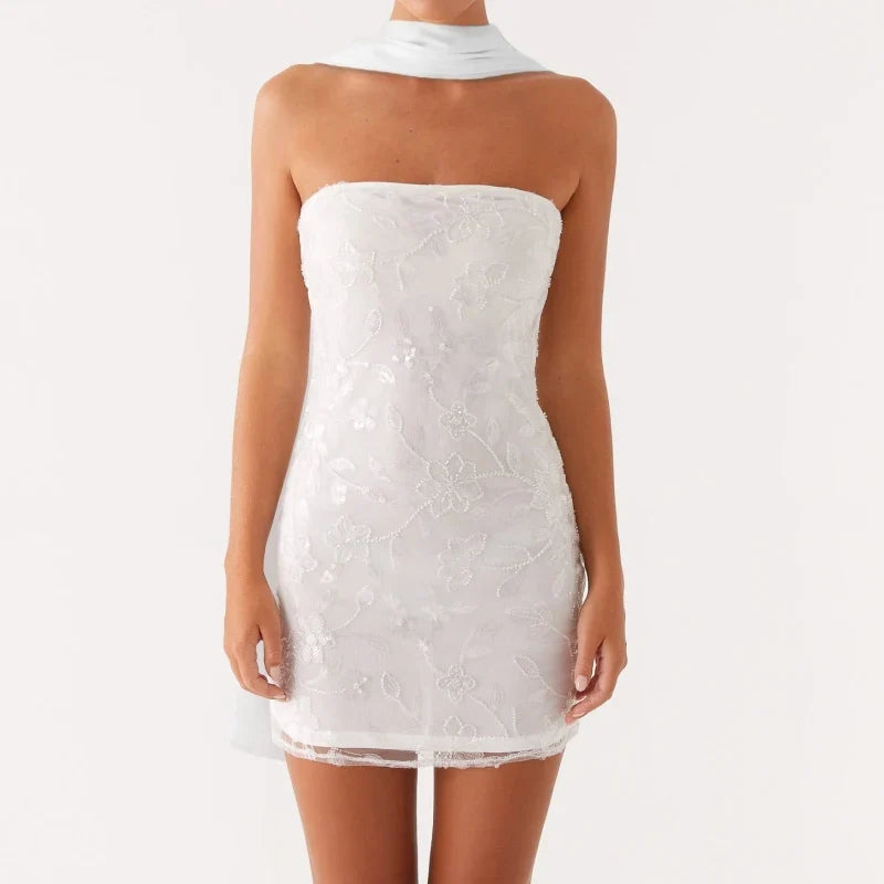 Sexy Glitter Pearl Women Summer Mini Dresses Sleeveless Off Shoulder Flower Embroidery Tube Top Bandeau Dress with Scarf