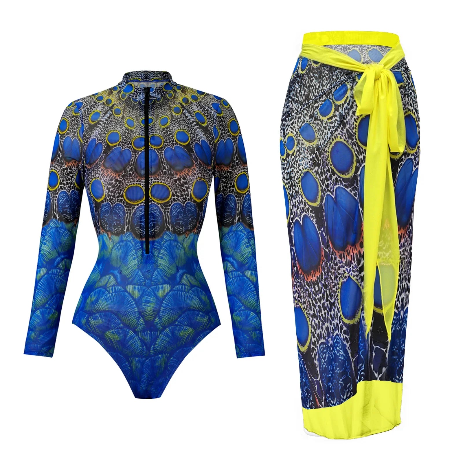 Vintage Sunscreen One Piece Swimsuit Skirt Set Women Peacock Print Long Sleeve Zipper Swimwear Beach Bathing Suit Monokini 2025