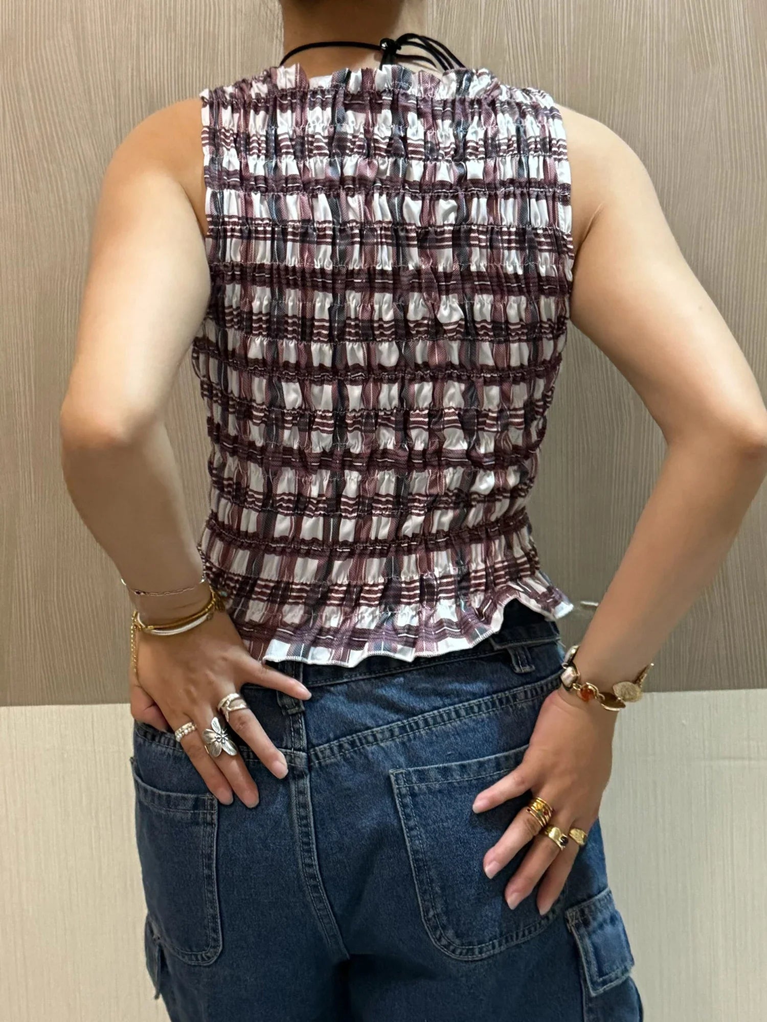 Women Summer Smock Tank Tops Casual Fashion Ruffle Hem Plaid Print Sleeveless Shirt Basic Vest Streetwear