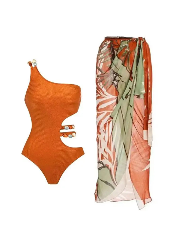 New One Piece Swimsuit Women Solid Orange One Shoulder Hollow Out Skirt Swimwear Set 2024 Summer Holiday Bathing Suit Beach Wear