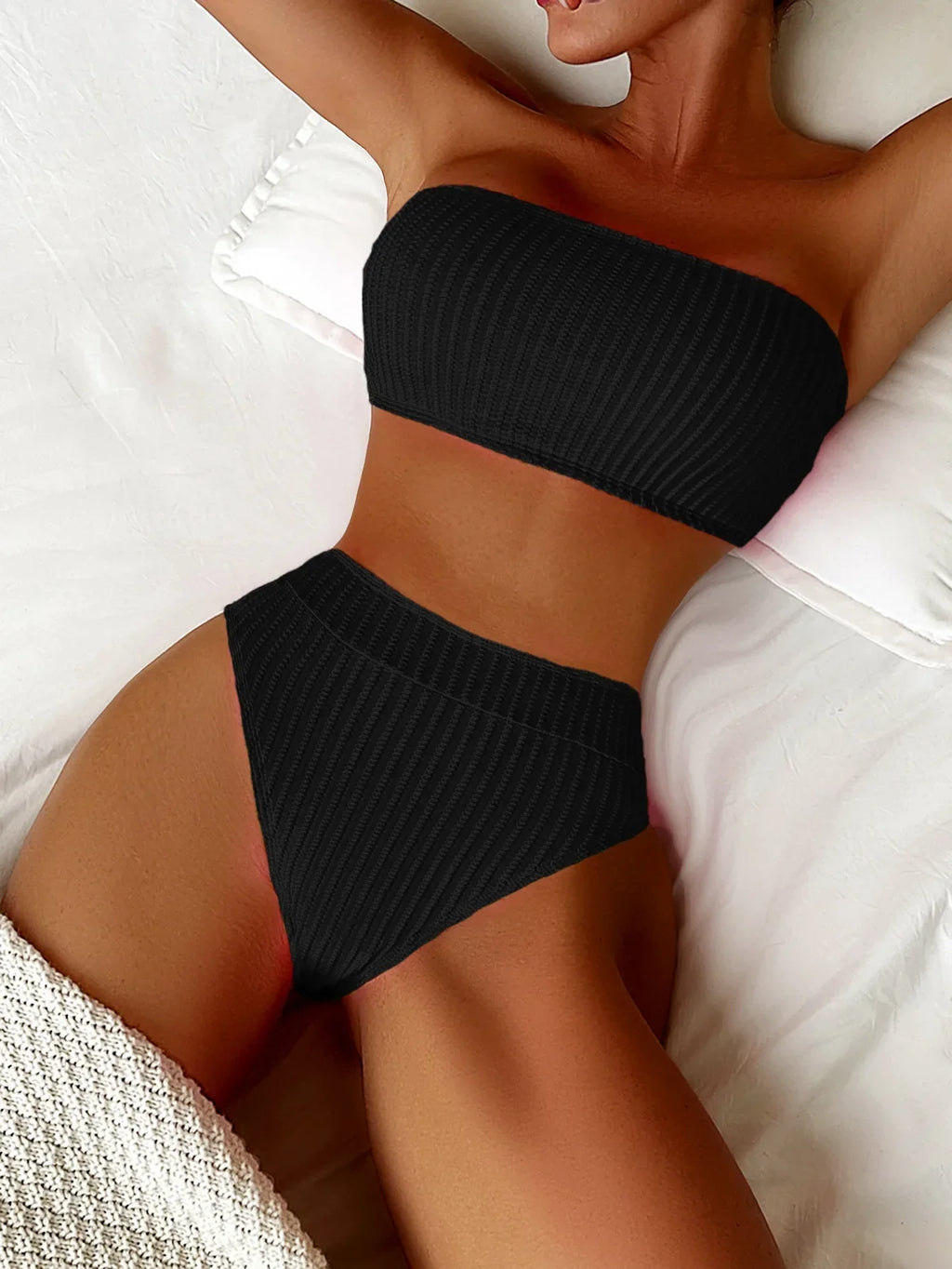 Sexy Bandeau Bikini Set 2025 Mujer Women White Black Ribbed Push Up Micro Swimsuit Summer Bathing Suit Beach High Waist Swimwear