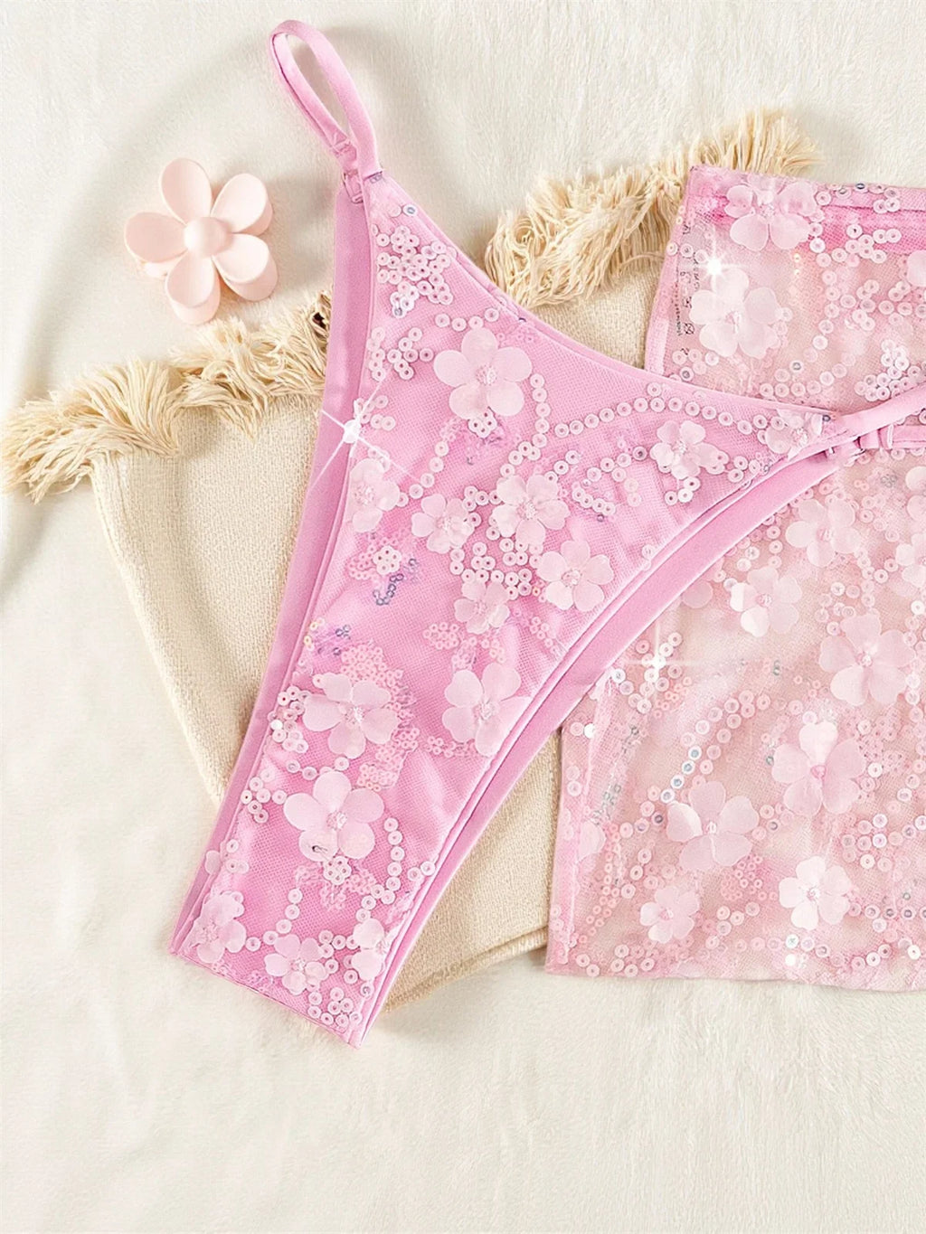 Shiny Sequin Pink Mesh Skirt 3 Piece Bikini Set Women Push Up Bra Thong Swimsuit Brazilian Beach Bathing Suit Holiday Swimwear
