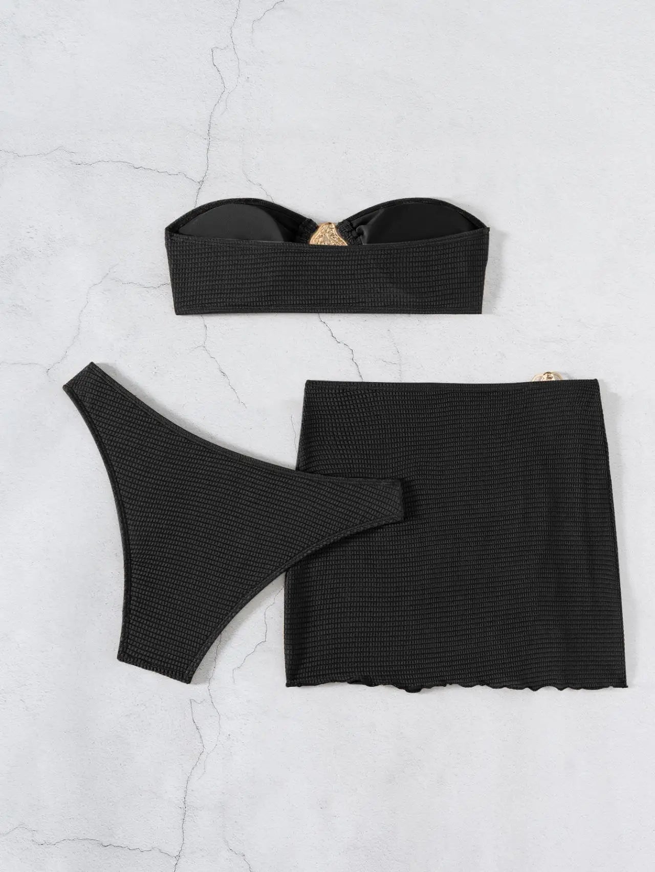Sexy Bandeau Bikini Women Coffee Metal Water Droplet Ornament Push Up Mesh Skirt 3 Piece Swimsuit Beach Bathing Suit Swimwear