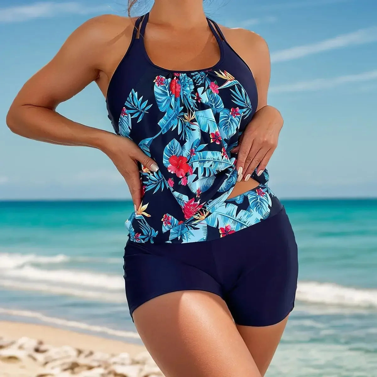 Women's Conservative Two Piece Swimsuit Black Stripe Print Patchwork Crop Top Tankini Set Beach Bathing Suit High Waist Swimwear