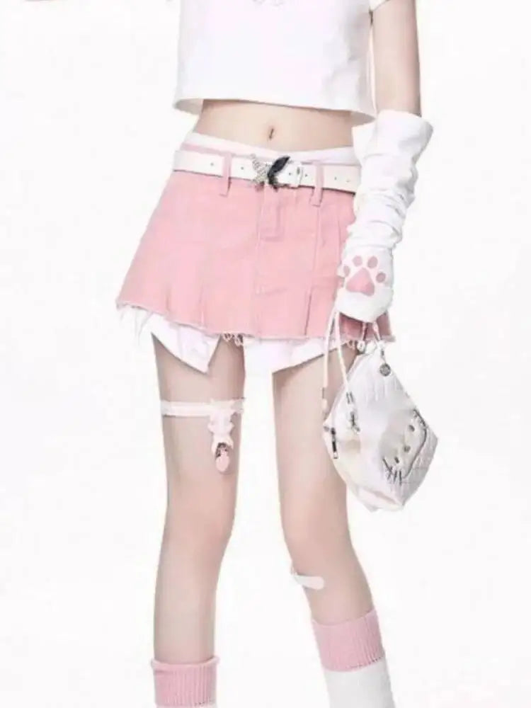 New Fashion Women's Irregular Fake Two-piece A-line Mini Denim Skirts 2026 Autumn Trendy High Waist Skirt Female Fashion XHV4