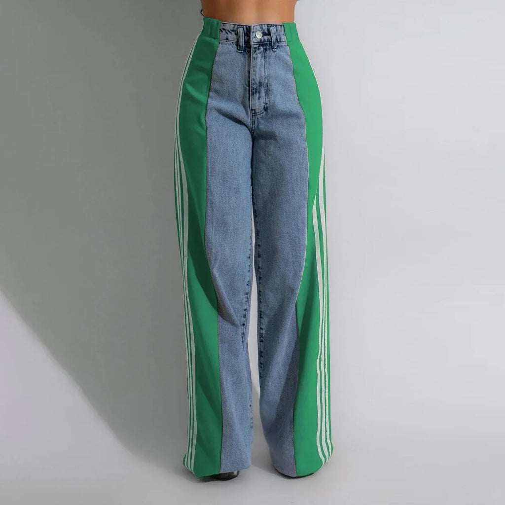 Women's Spring Summer Baggy Jeans Pants High Waist Loose Wide Leg Side Striped Denim Pants Streetwear