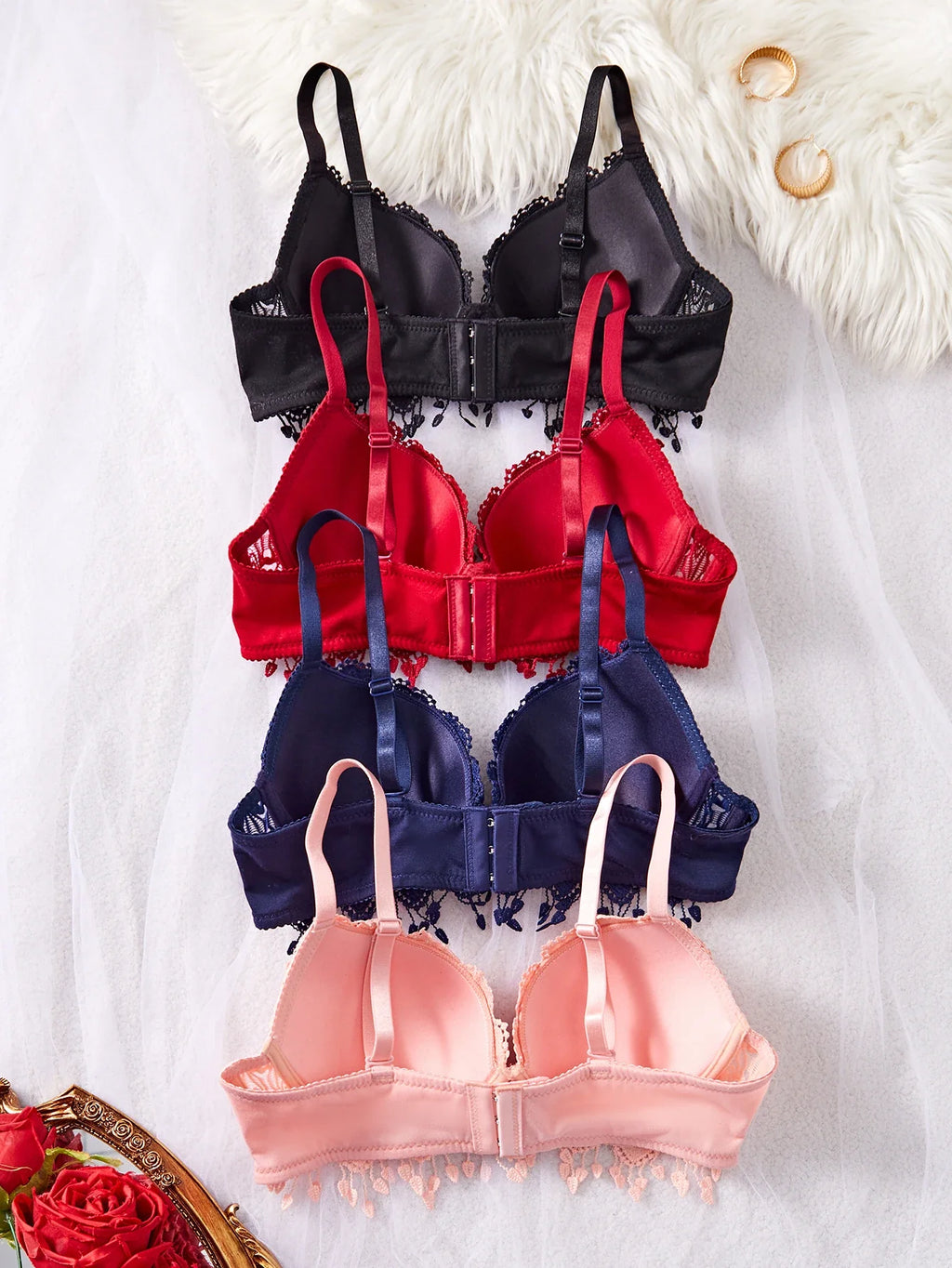 Daily Knitted Bra for Women Sexy Heart Lace Patchwork with Lace Trim Sexy Bras Comfortable Non-Padded Solid Women's Push up Bra