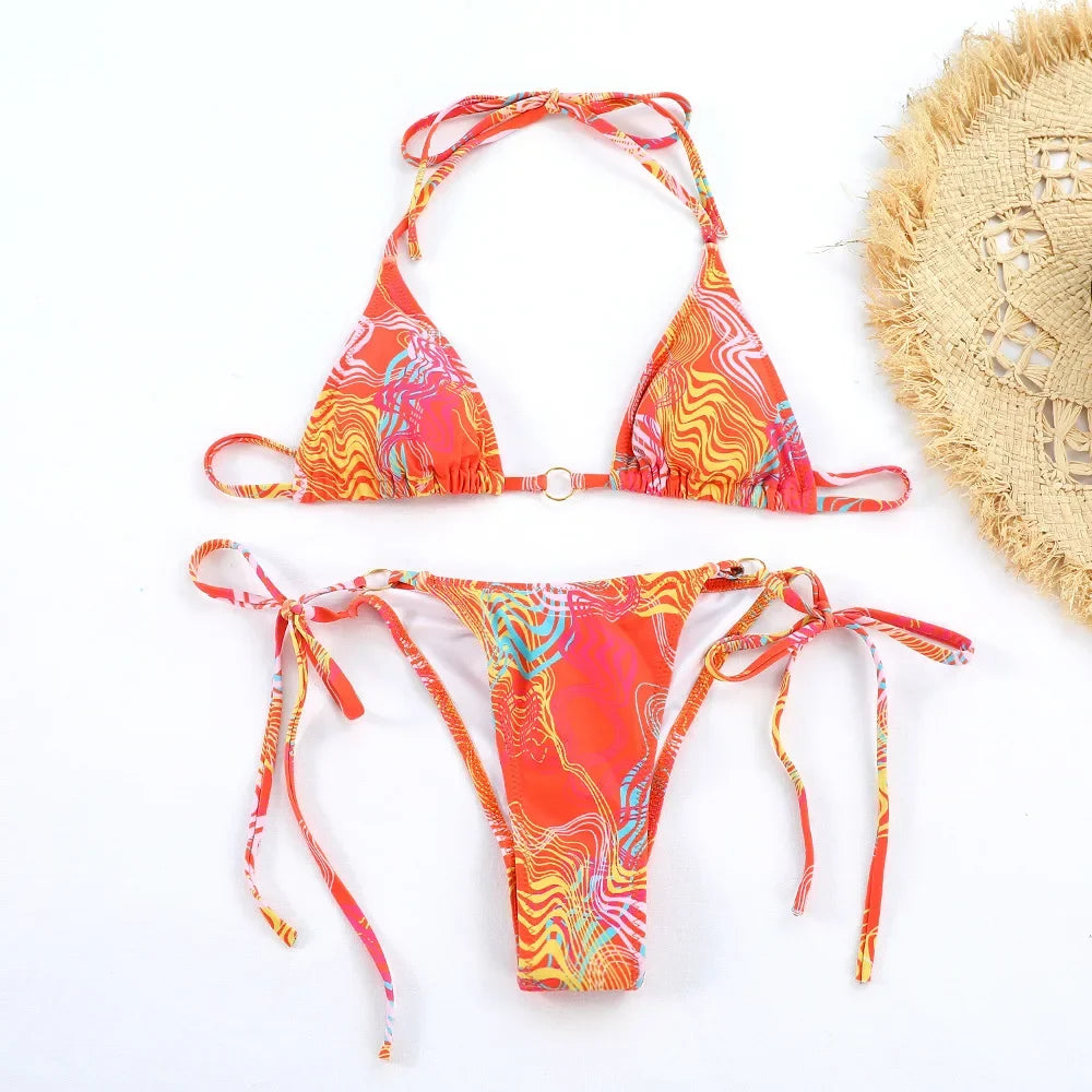 2026 Sexy Bikinis Micro Thongs Swimsuit Women Bathing Suit Rings Biquini Bandage Beachwear Print Swimwear Bikini Sets With Chain