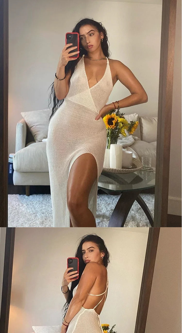 2023 New Crochet Beach Maxi Dress for Women See Through Sexy Bikini Plunge Backless Bandage Sleeveless Lacing Split Long Dresses