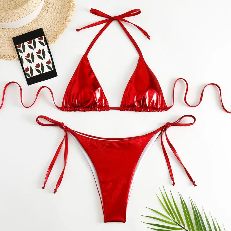 Sexy Brozing Gold Bikinis Sets Women Push Up Micro Bikini Swimsuit 2026 Brazilian Beach Bathing Suit Tie Side Triangle Swimwear