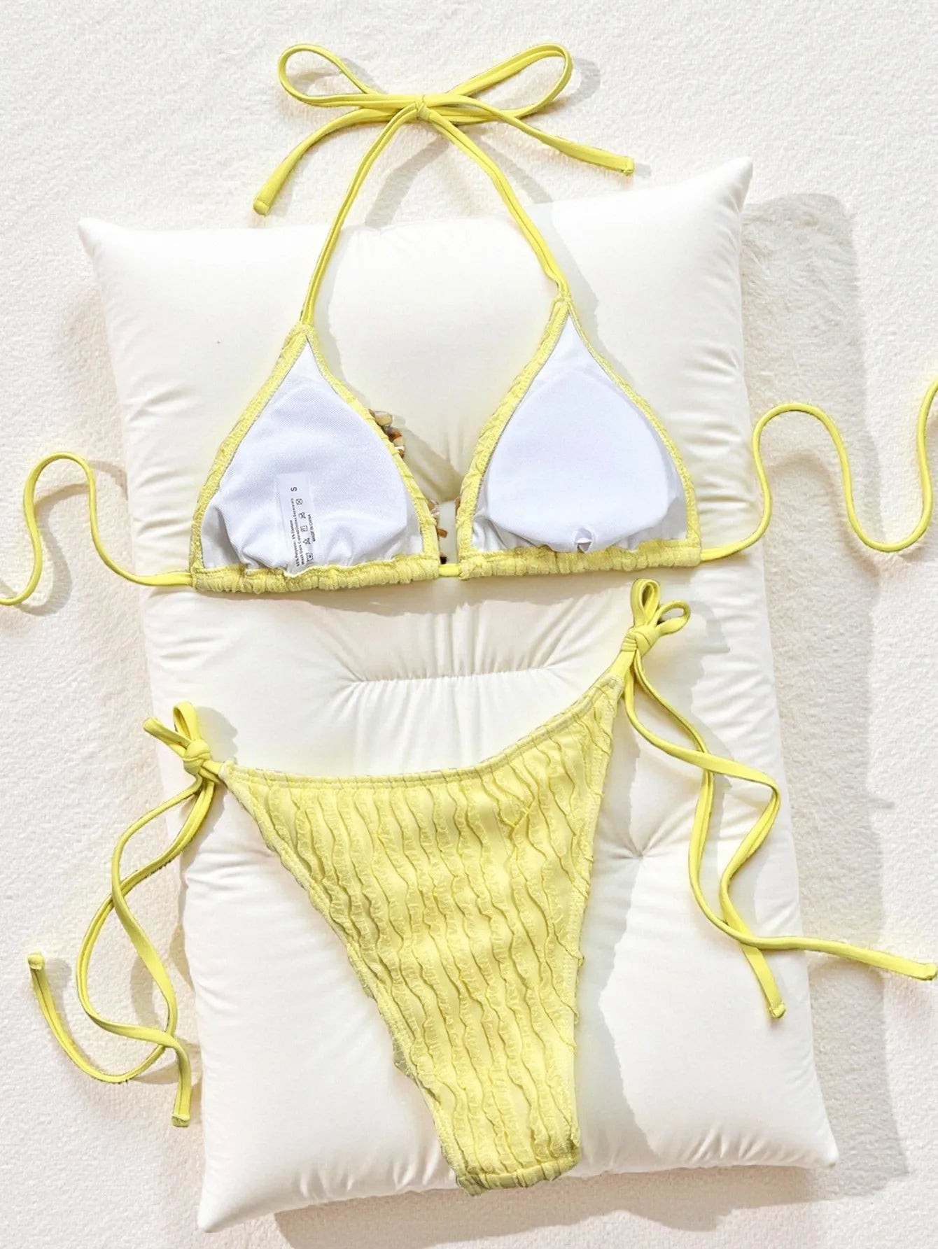 Sexy Braiding Rope V Neck Bikini Set Women Yellow Ribbed Push Up Tie Side Thong Swimsuit 2026 Beach Bathing Suit Micro Swimwear