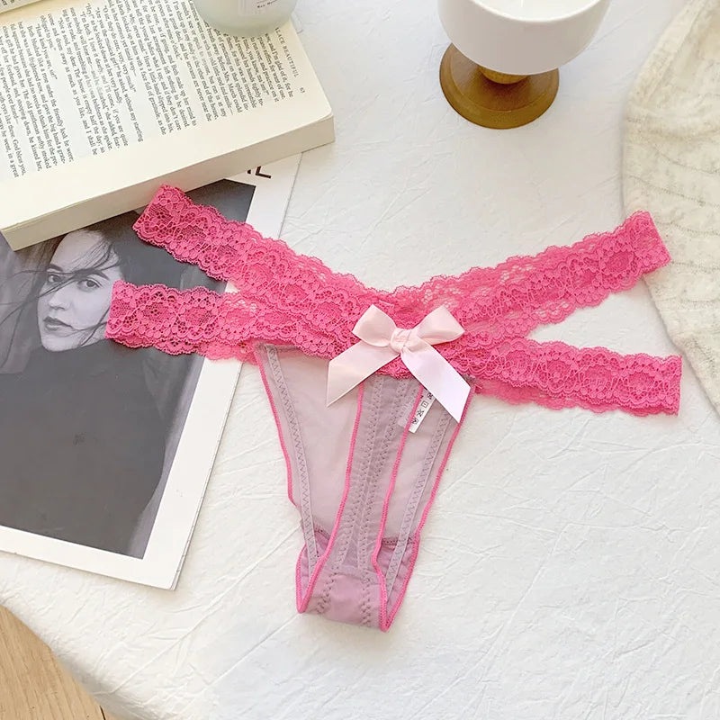 Lace G string Sexy Briefs Panties Women Underwear Thong High Quality Bowknot Transparent Underpants Lingerie Girls Intimates