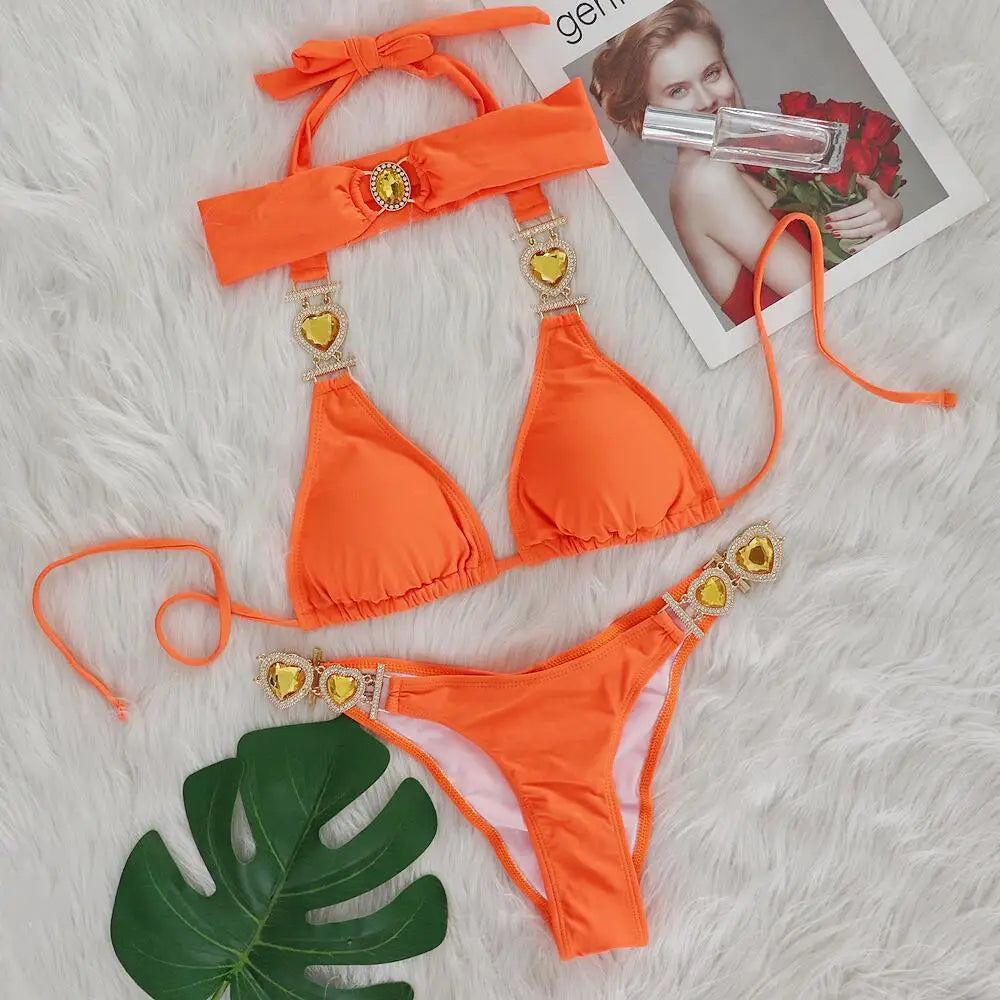 Sexy Rhinestones Bikini Set 2025 Women Red Pink Glitter Diamond Metal Chain Thong Swimwear Bathing Suit Band 3 Piece Swimsuit