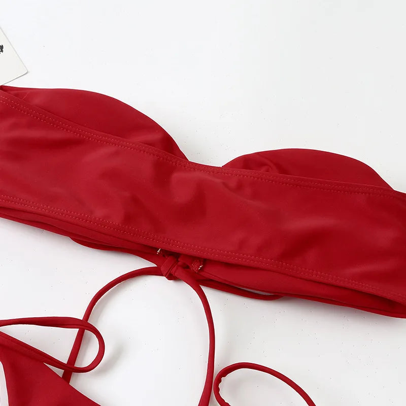 Sexy Bandeau Bikini Swimwear Women Red Black Pleate Lace Up Swimsuit 2024 Cut Out Beach Bathing Suit Tie Side Thong Bikinis Sets