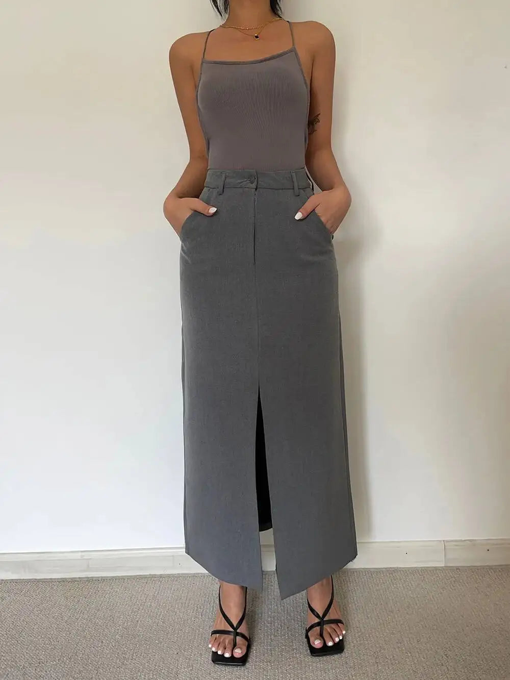 WOMENGAGA Retro High Waist Half Skirt Girl Bifurcate Slim A-LINE Gray Skirts Fashion American Spicy Girls 2023 New 5P2F