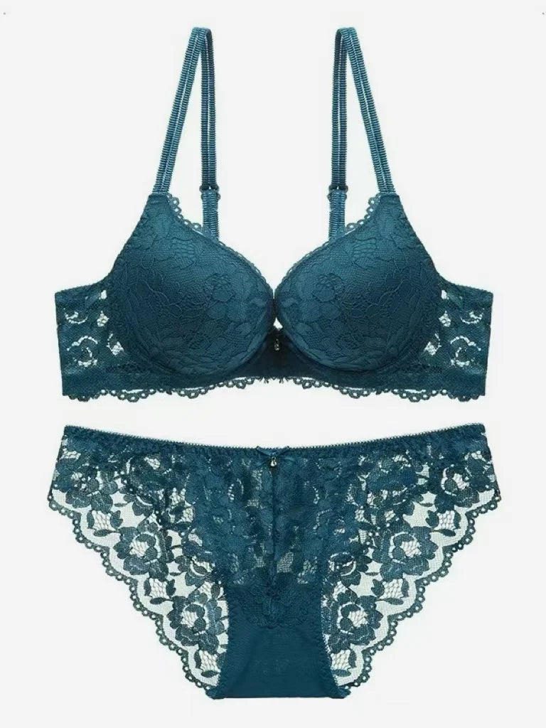 Sexy Lace Floral Women's Underwear Set Double Straps Push-Up Bra Hollow-Out Sexy Panties