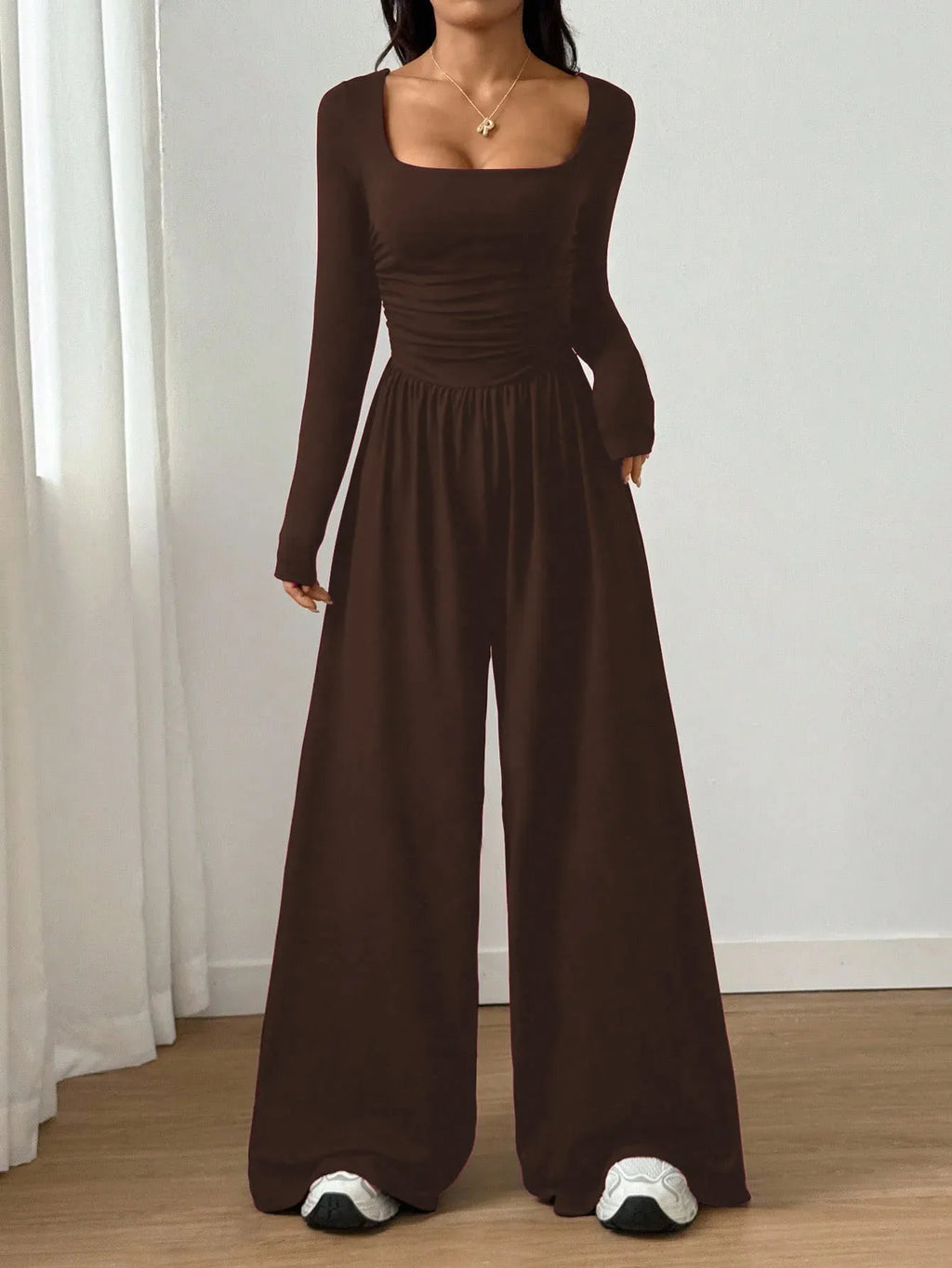 Women's Casual Solid Color Square Neck Long Sleeve A-Line Jumpsuit Pleating Wide Leg Loose Mopping Jumpsuit Spring/Fall 2026