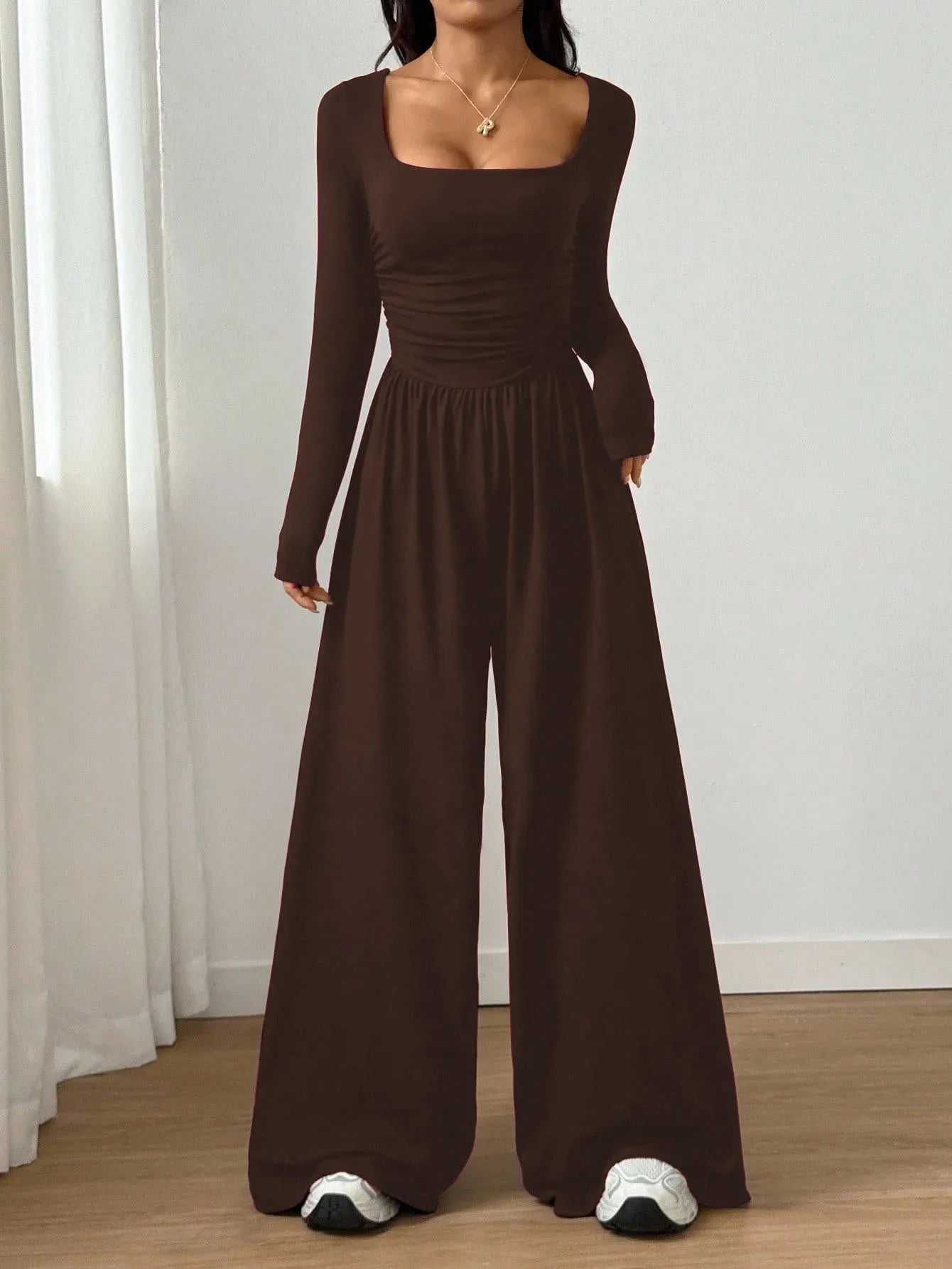 Women's Casual Solid Color Square Neck Long Sleeve A-Line Jumpsuit Pleating Wide Leg Loose Mopping Jumpsuit Spring/Fall 2026
