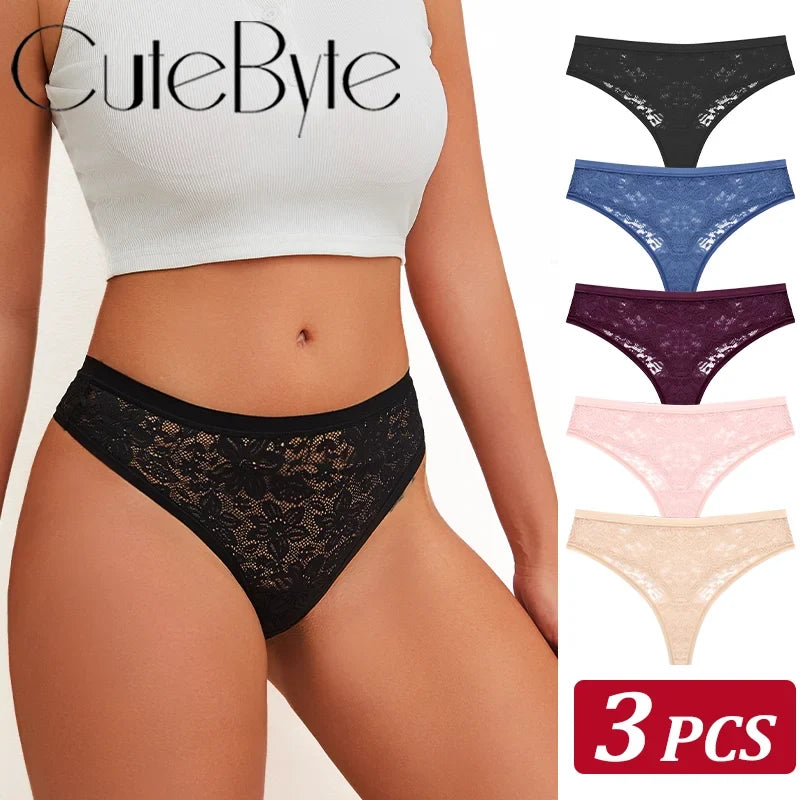 3Pcs/Set Women Sexy Lace Panties Lingerie Floral Sexy Low Waist Deep Color Thongs Ladies Underwear Fashion Soft Underpants S-XL