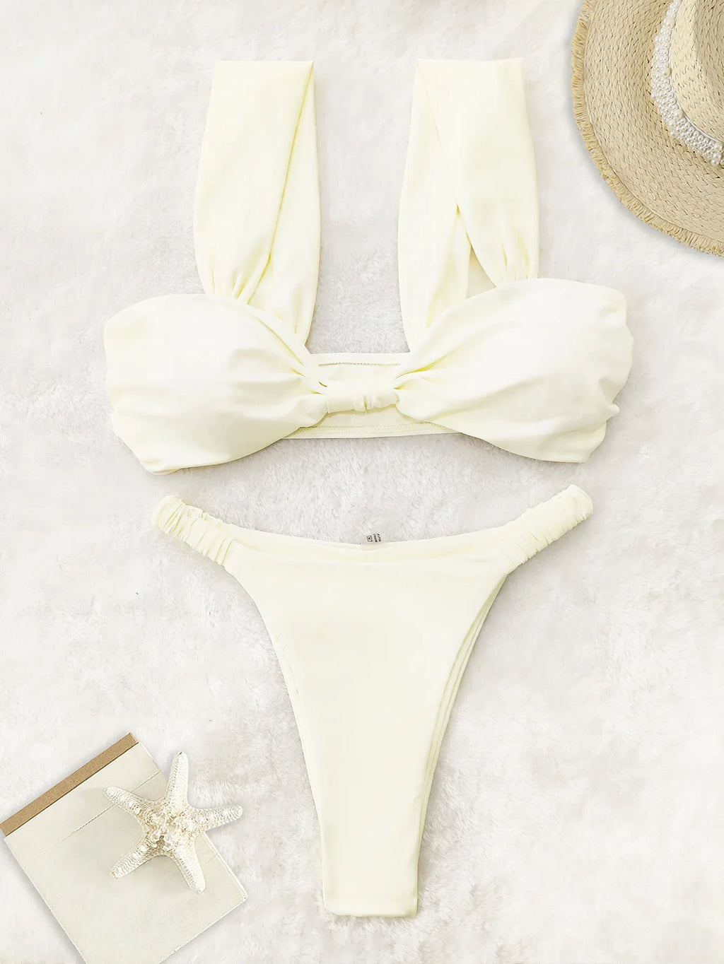 2026 Swimwear Women Halter Low Cut Bikini Set Solid Pleated Split Swimsuit Sexy Thongs Summer New Holiday Bathing Suit