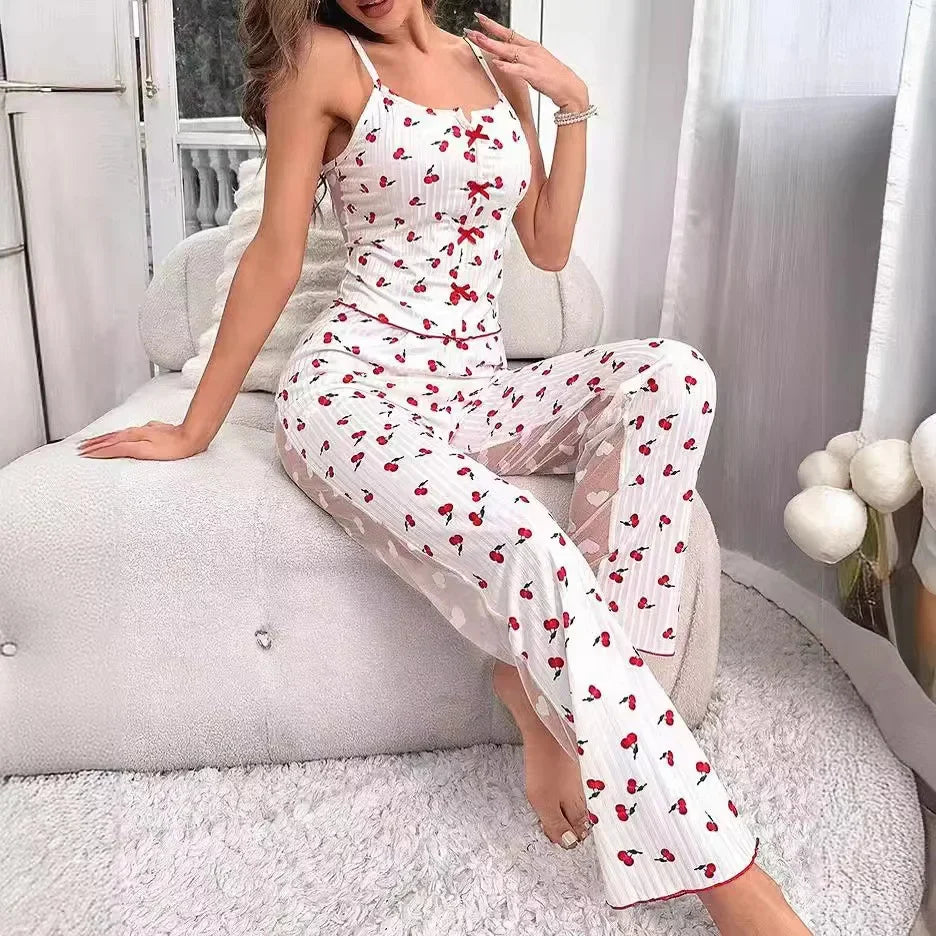 2-Piece Women's Sexy Transparent Mesh Lace Set with Ribbed Printed Strap Top and Pants Home Clothes Pajama Set