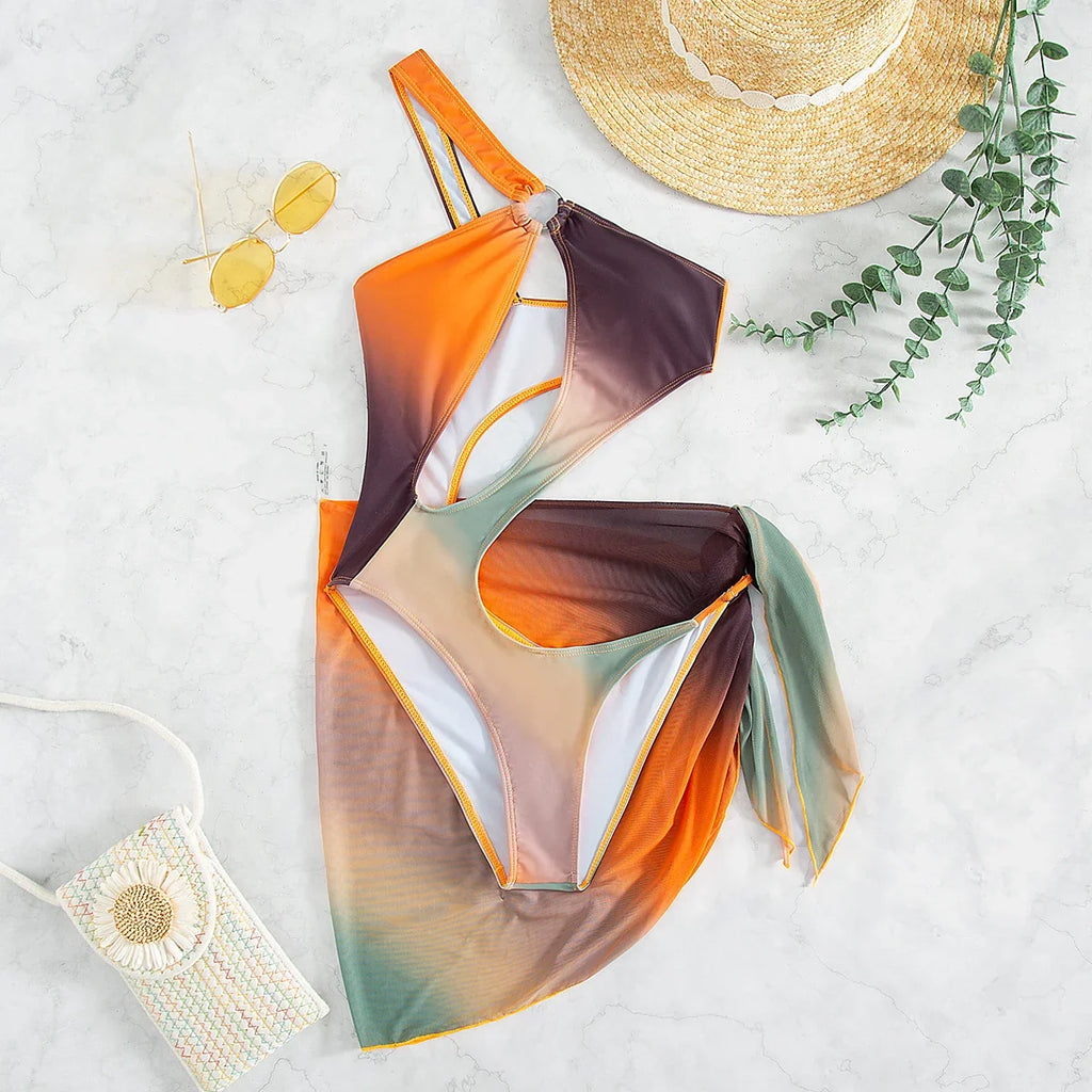 Sexy Orange Tie Dye Gradient One Piece Swimsuit 2025 Women One Shoulder Hollow Out Skirt Swimwear Bathing Suit Thong Monokini