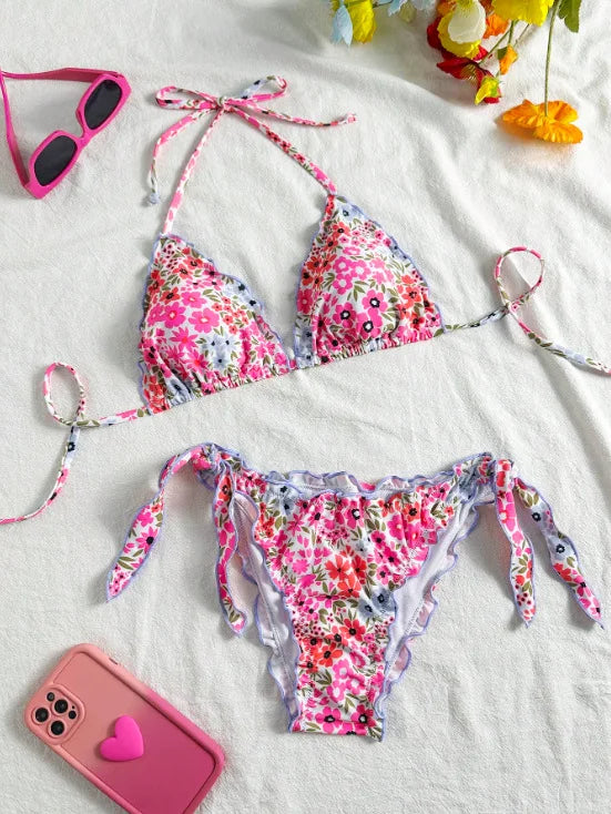 Cute Orange Floral Print Bikini Set Women Halter Ruffles Push Up Tie Side Thong Swimsuit 2026 Summer Bathing Suit Micro Swimwear