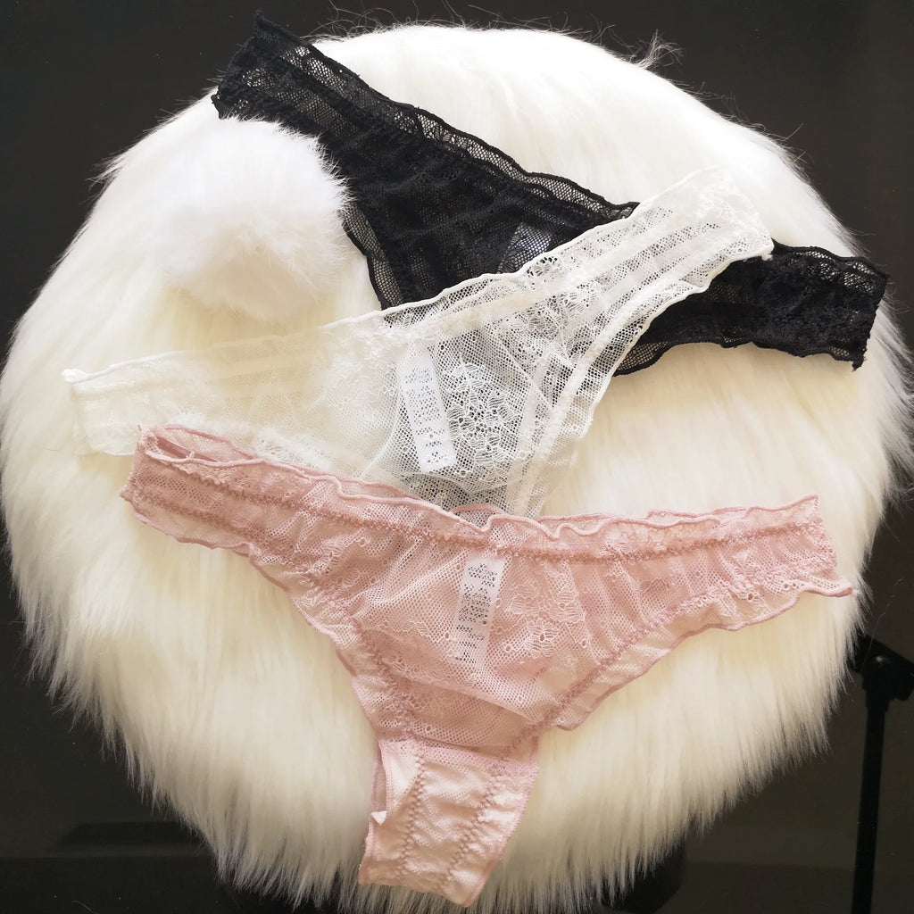 Sexy Panties Cute Rabbit Tail Women's Thong Lace Briefs Transparent Underwear Comfort Breathable Low Rise G string Underpants