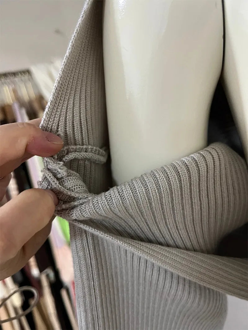 Trendix Knit Tank Top Sets For Women Fashion High Neck Vest And Long Sleeve Shawl 2 Piece Suits Sexy Backless Knitwear Top Femme