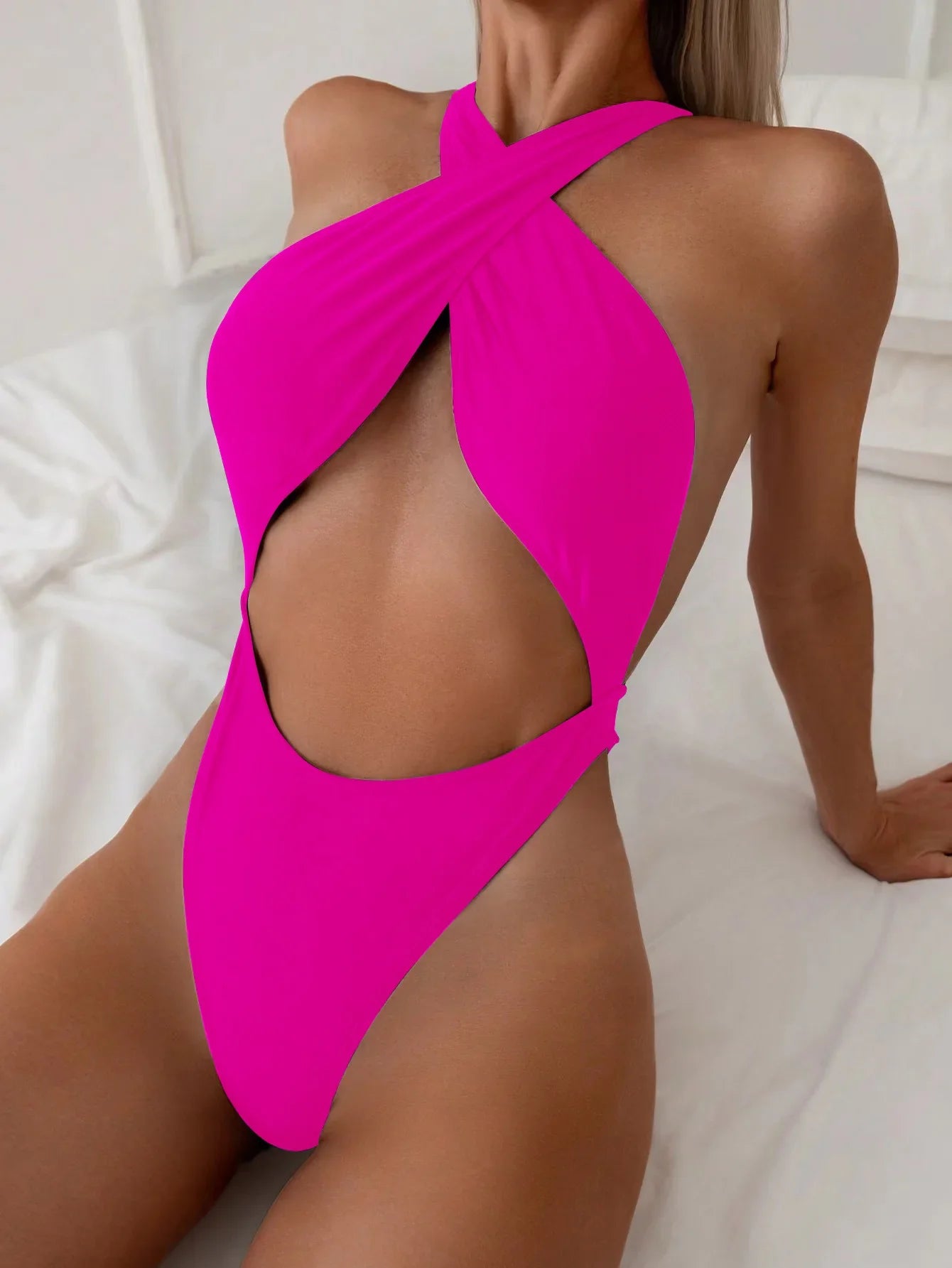 Sexy Black Red One Piece Swimsuit Women Halter Cross Hollow Out Bikini 2025 Beach Bathing Suit Backless Bandage Thong Swimwear