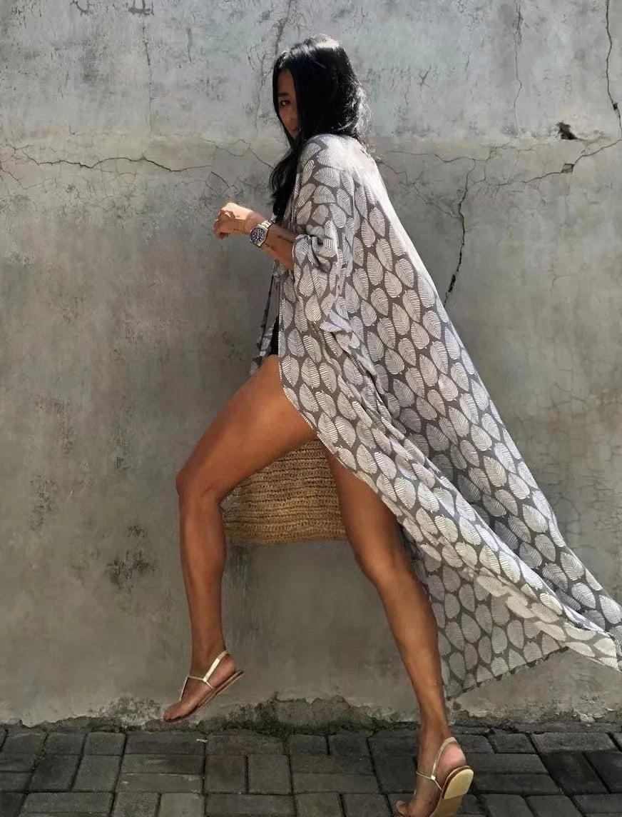 2024 New Summer Sexy Beach Kimono Swimwear Cotton Cover Up Swimsuit Women Print Bikini Cover Up Beachwear Dress Robe