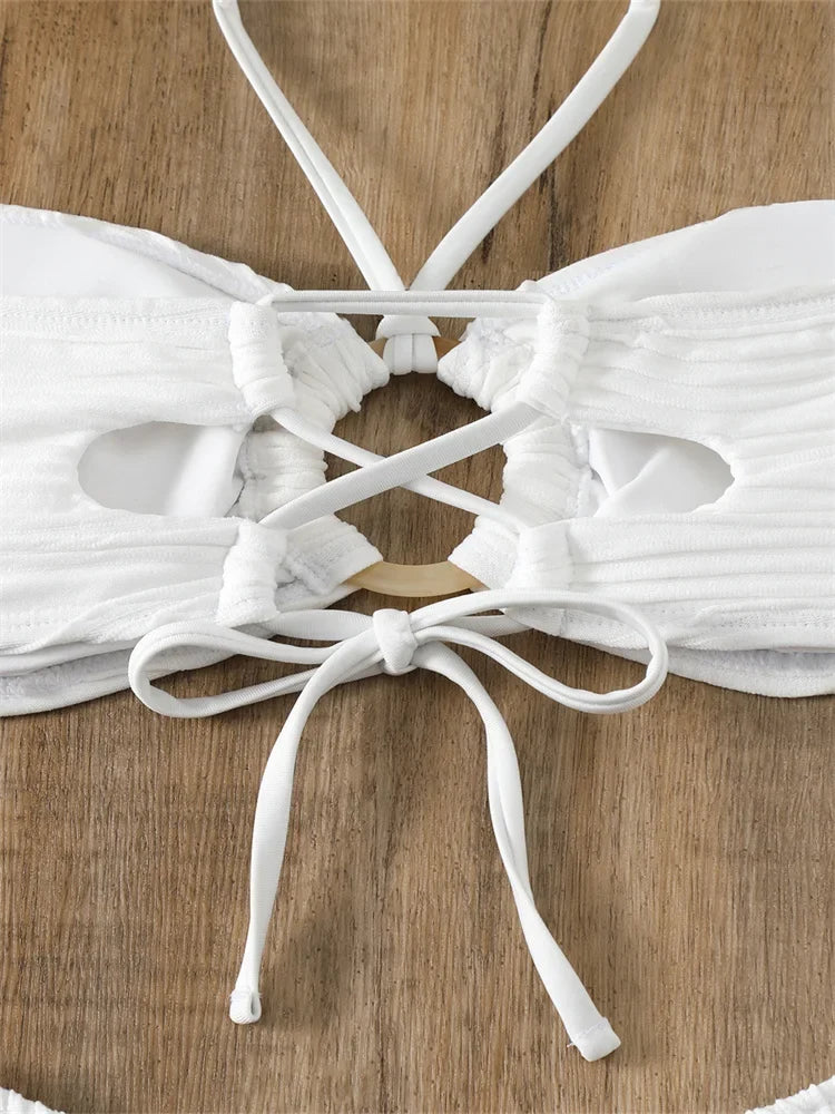 Sexy Bikini 2026 Women White Ring Linked Hollow Out Push Up Micro Swimsuit Brazilian Bandeau Bathing Suit Bandage Thong Swimwear