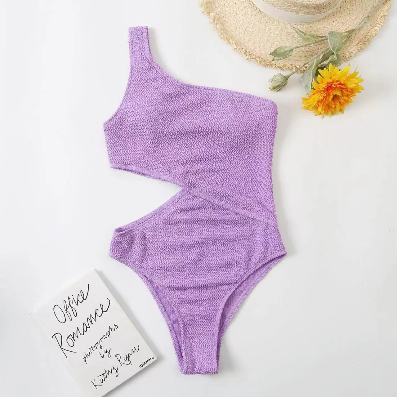 2024 New One Shoulder Women's Swimsuit One Piece Cut Out Sexy Swimwear Women Textured Monokini Solid Bathing Suit Beach Wear