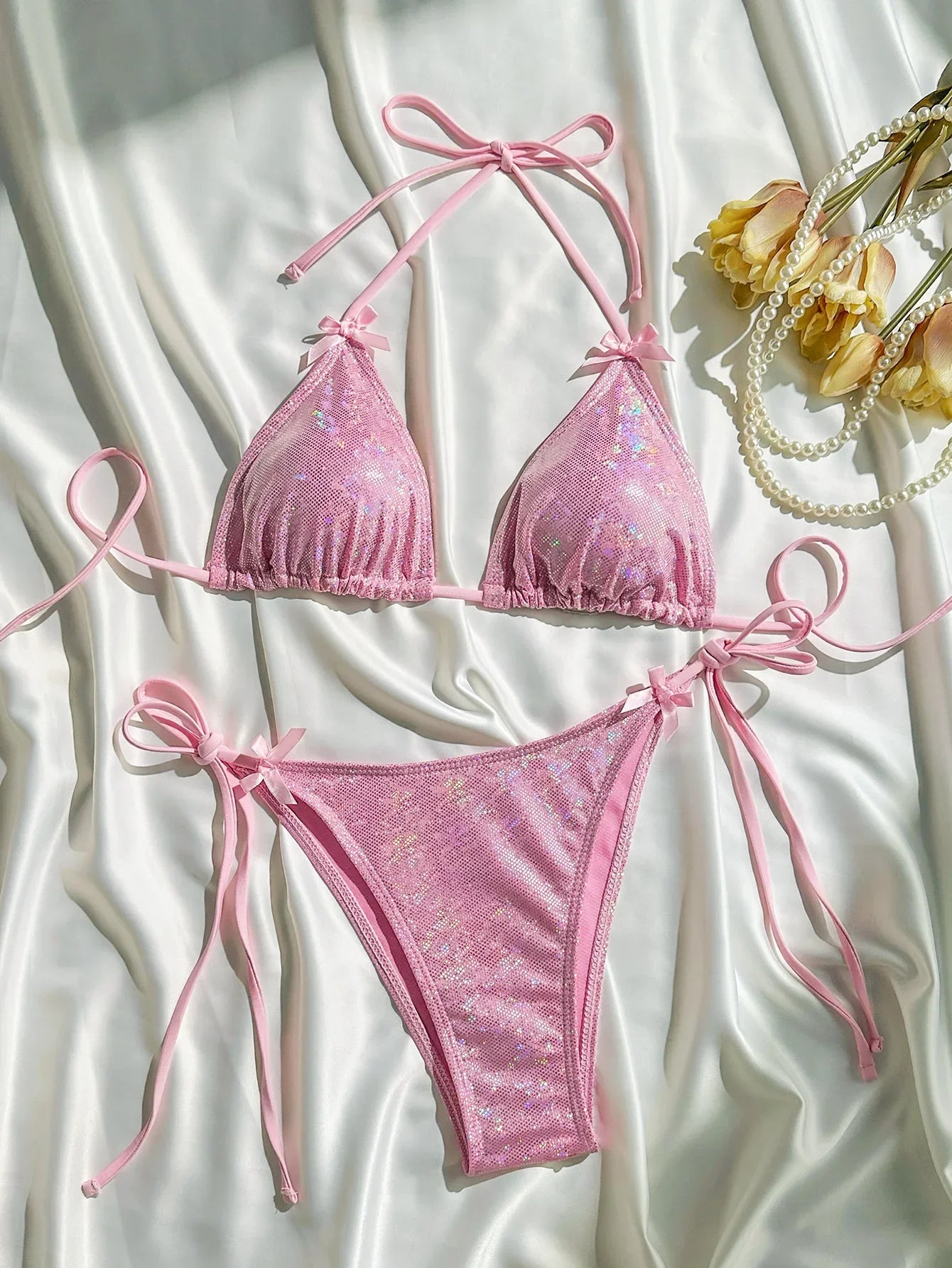 Shiny Pink Bikini 2025 Women Sexy Brozing Tie Bow Strap Push Up Micro Swimsuit Brazilian Bathing Suit Tie Side Triangle Swimwear