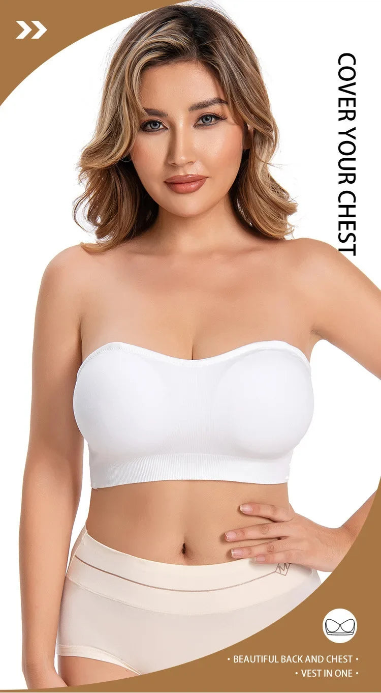 Women's Strapless and Wire-free Bandeau Bra with Full Cup Thin Mold Padding Non-slip Silicone Seamless Bra Plus Size Underwear