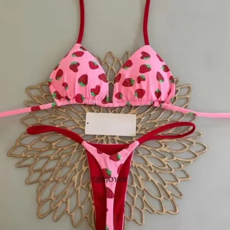 2026 Swimwear Women Cute  Cherry Print Brazilian Thong Bikini Set Sexy Thong Swimsuit Two Pieces Bathing Suit Women Beach Wear