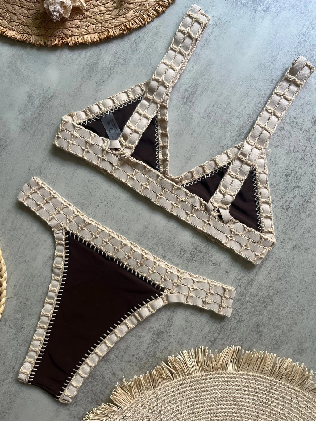 Sexy Black Patchwork Hand Crochet Bikini Set Women 2026 V Neck Push Up Bra Thong Swimsuit Beach Bathing Suit Knitted Swimwear