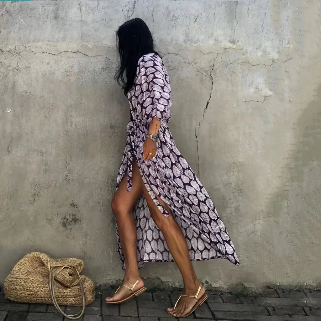 2024 New Summer Sexy Beach Kimono Swimwear Cotton Cover Up Swimsuit Women Print Bikini Cover Up Beachwear Dress Robe