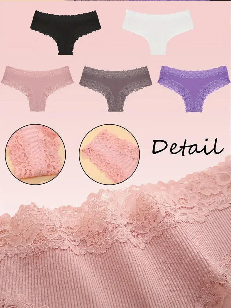 5Pcs Women Cotton Brazilian Pants Sexy Lace Brazilian Briefs Low Waist Floral Solid Color G-string Breathable Soft Lingerie
