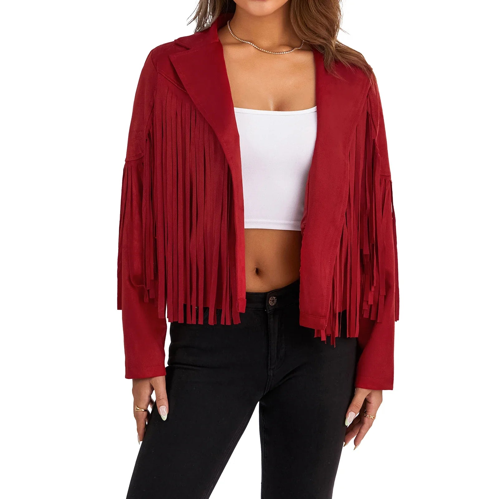 Women Spring Autumn Slim Long Sleeve Open Front Coat Solid Color Collared Jacket with Tassels Black/ Coffee/ Pink