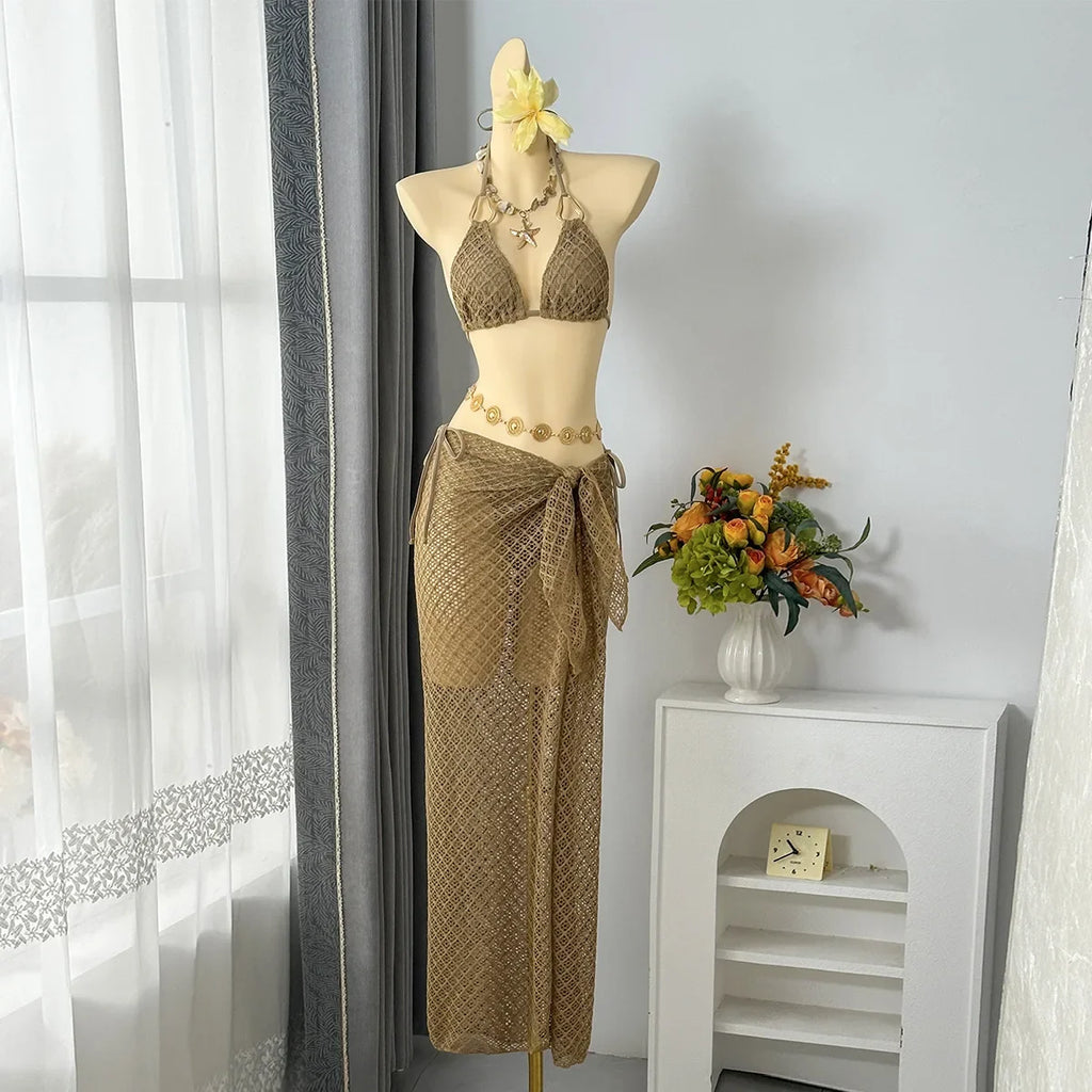 Vintage Beige Black Mesh Skirt 3 Piece Bikini Set 2026 Women Metal Chain Strap Push Up Bra Swimsuit Beach Bathing Suit Swimwear