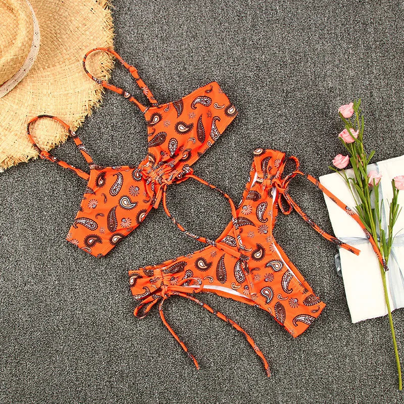 2026 New Sexy Low Bikini Set Swimwear Women Print Floral Brazilian Halter Backless Swimsuit Strappy Beachwear Dot biquini female