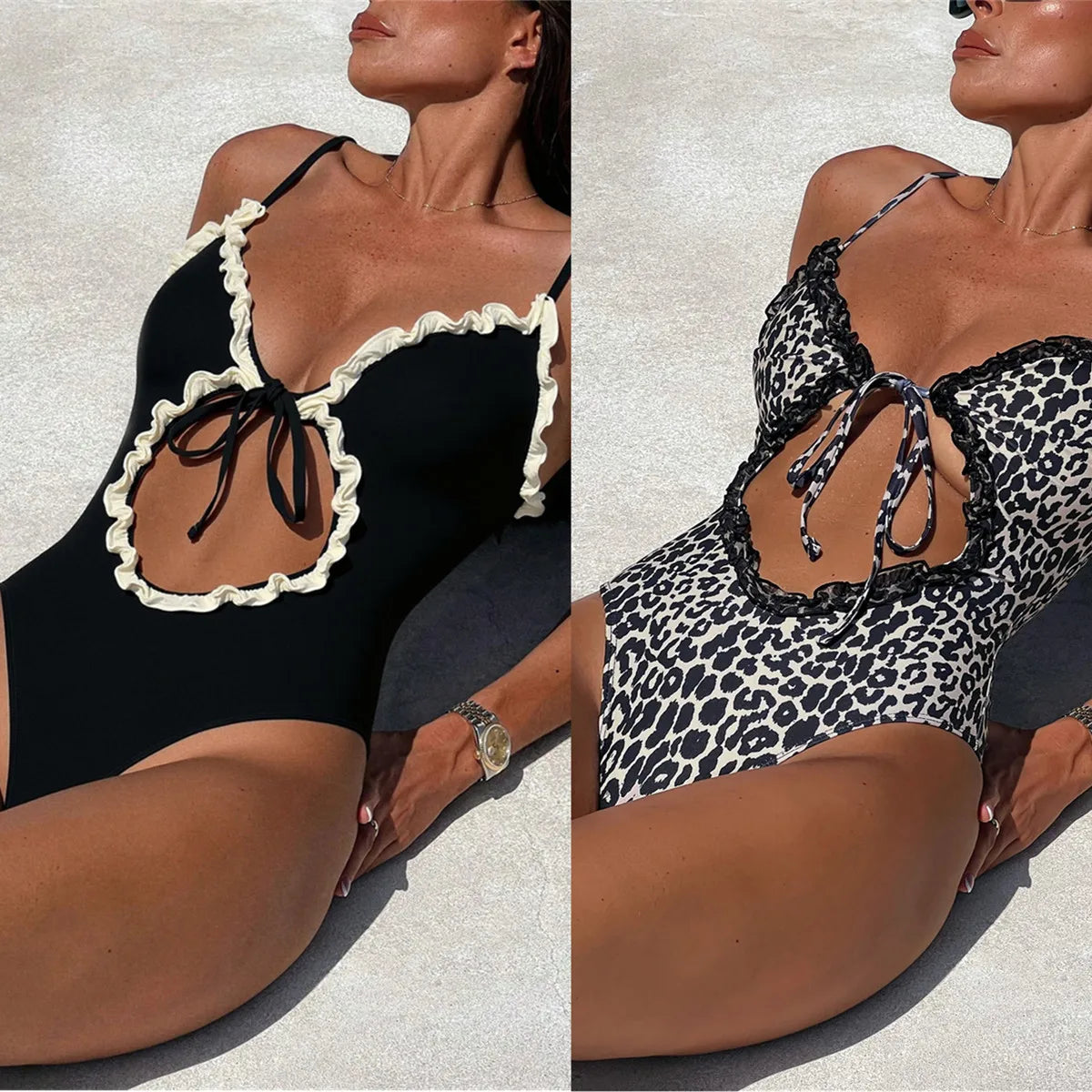 Sexy Black Patchwork One Piece Swimsuit 2026 Women Lace Trim Front Tie Hollow Out Bandage Cross Bathing Suit Holiday Swimwear