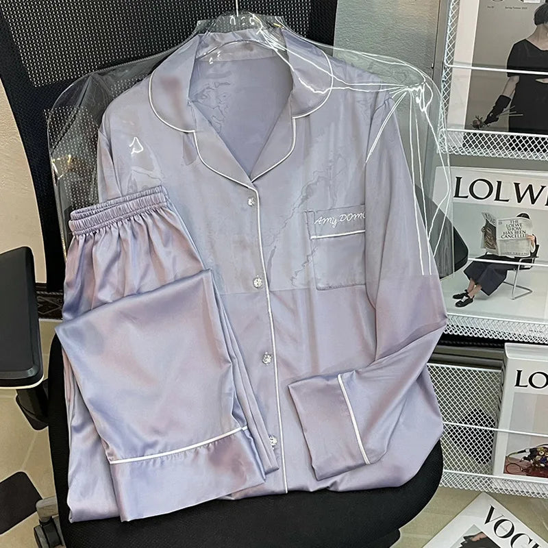 High Quality Ice Silk Light Luxury Pajamas Women's Pajama Spring and Autumn Style Long Sleeve Home Set Satin Nightwear Sleepwear
