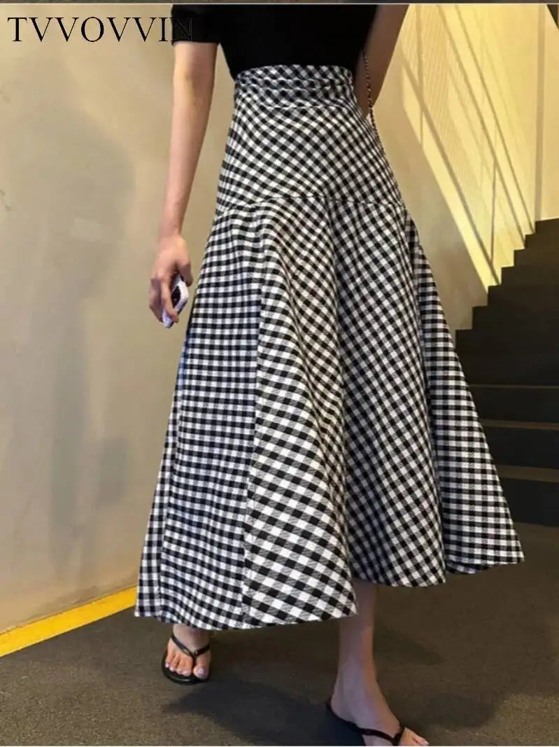 WOMENGAGA Korea Style 2023 Spring/Summer New High Waist Elegant Split Plaid Skirts Half Length Skirts Fashion Women 2023 22IV