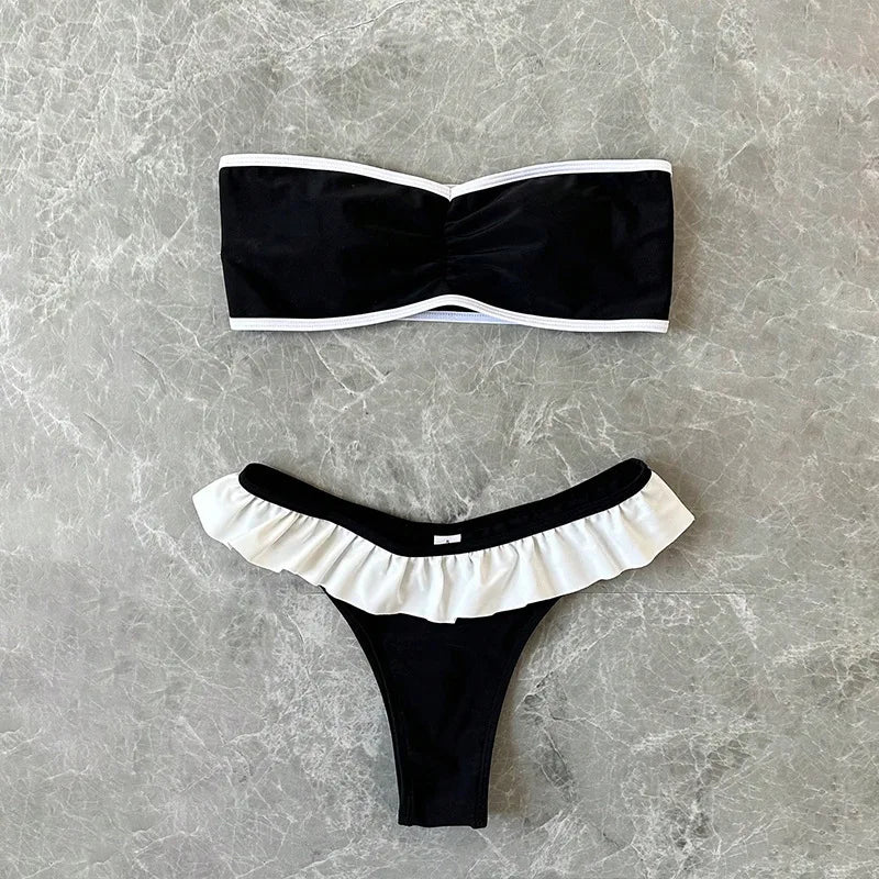 Women's Strapless Swimsuit 2-piece Suit Solid Color Patchwork Push Up Ruffle Thong Beach Hot Spring Bikini Set 2026 New Swimwear