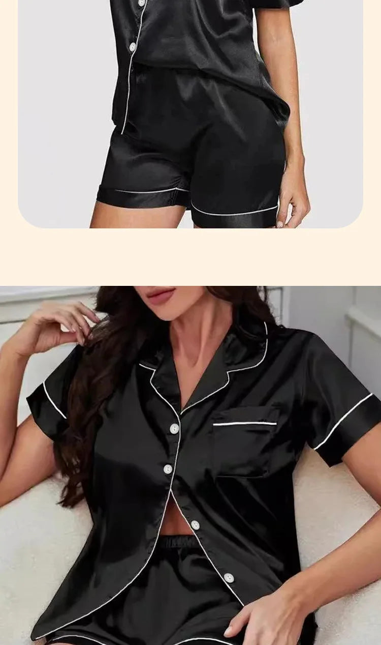 Sweet Simple Ice Silk Pajamas for Women  Thin Short-sleeved Home Clothes Suit Nightwear Women's Pajamas Set Nightie Summer