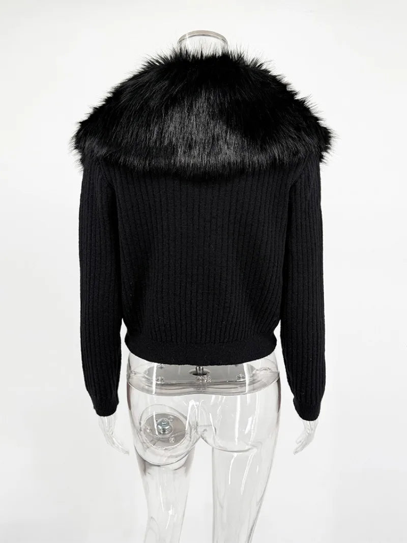 Trendix Black Knit Cardigan For Women Winter Detachable Faux Fur Collar Short Tops Street Slim Party Elegant Outerwear Top Femme