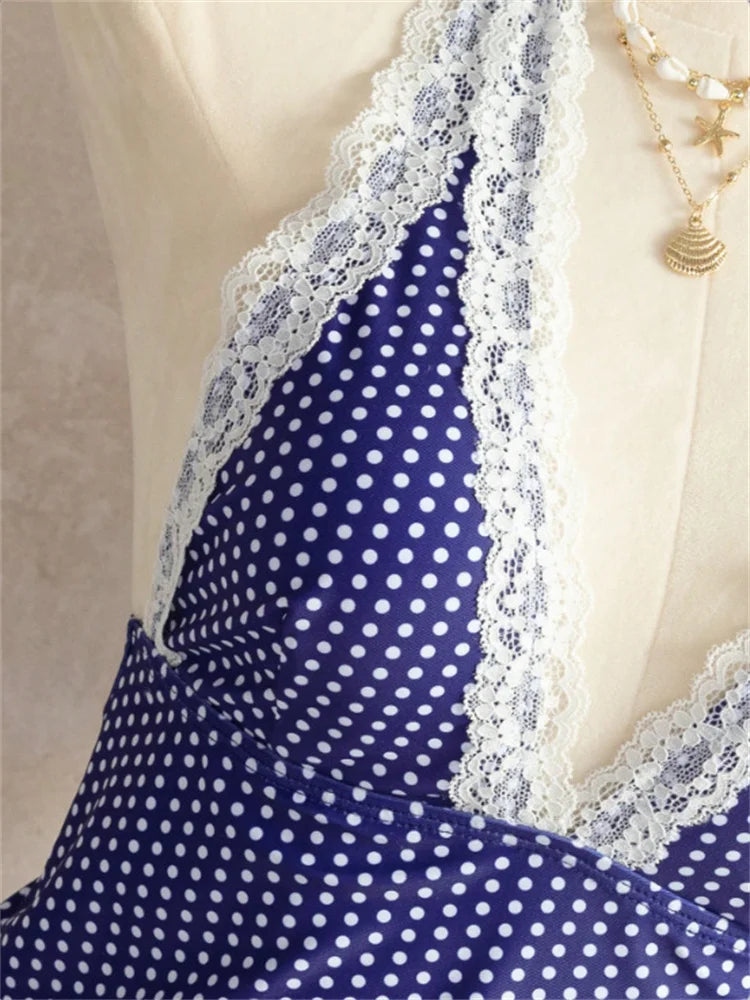 Sexy Blue Polka Dot Print Bikini Set 2026 Women Lace Trim V Neck Tank Top Tie Side Thong Swimsuit Bathing Suit Holiday Swimwear