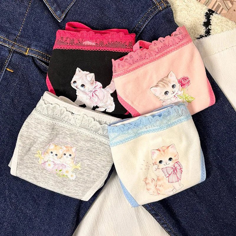 Cotton Girls Panties Cute Cat Sexy Japanese Lace Women Briefs Lady Thong  Underwear G String Female Low Waist Lingerie